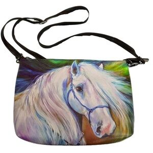 Vegan Printed Vinyl White Horse Equestrian Crossbody Zippered Bag Brown Strap